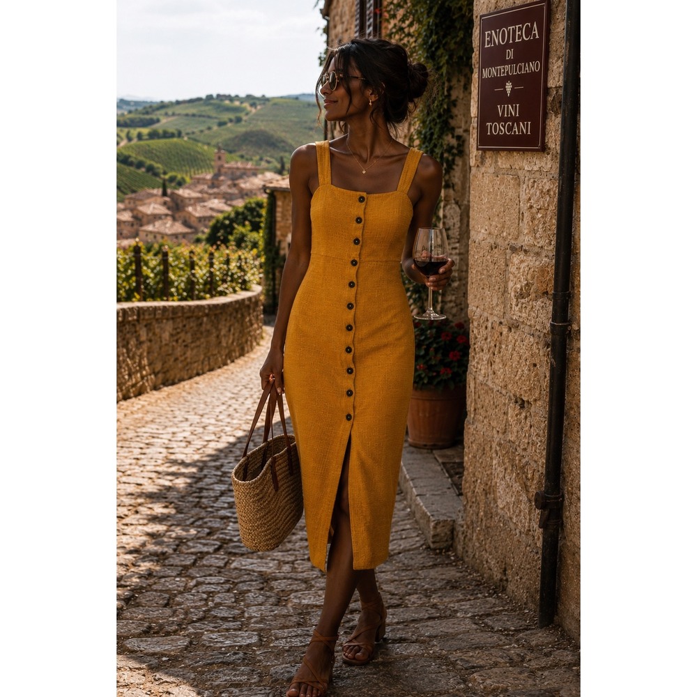 Madewell Mustard‎ Yellow Textured Knit Midi Dress XXS Square Neck Button Front